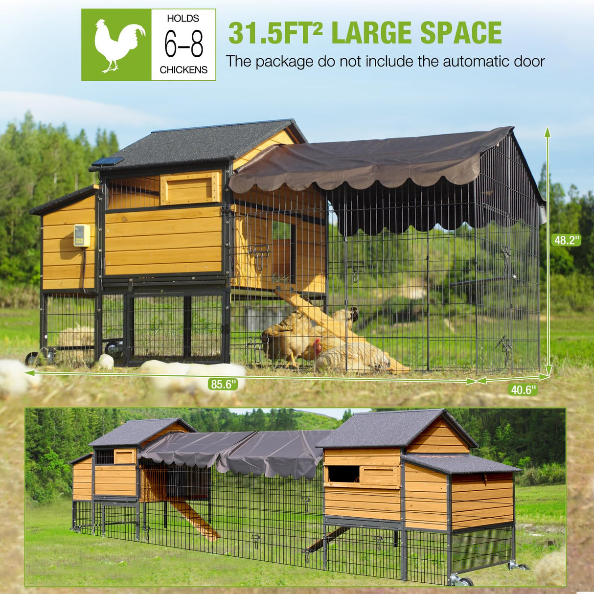 GUTINNEEN Large Chicken Coop with Metal Frame Mobile Hen House Poultry Cage with Wheels for 4-6 Chickens 85" L GUTINNEEN