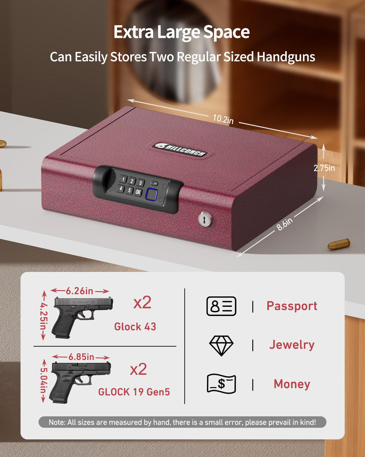 Gun Safe,Biometric Gun Safe for Pistols 3-Ways unlock Fingerprint Digital PIN Key Unlock with Sound, Lock box for Cloakroom living room Bedroom Nightstand and Car BILLCONCH - Burgundy Red BILLCONCH