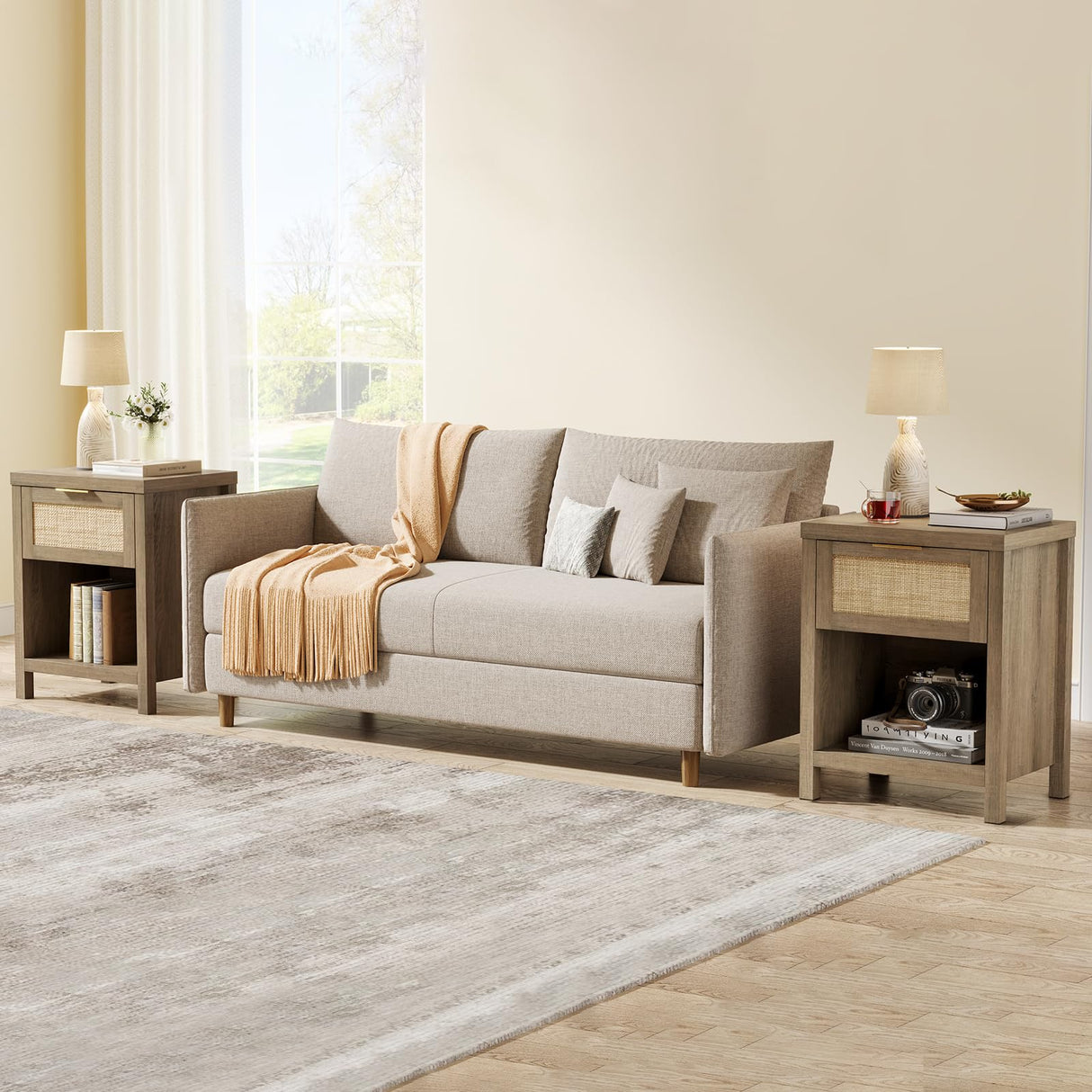 Eclatara Rattan Nightstand Set 2: Boho End Table with Drawer and Storage Shelf, Farmhouse Cane Accent Bedside Night Stands for Bedroom Small Space Sofa (2, Caramel Oak) Eclatara