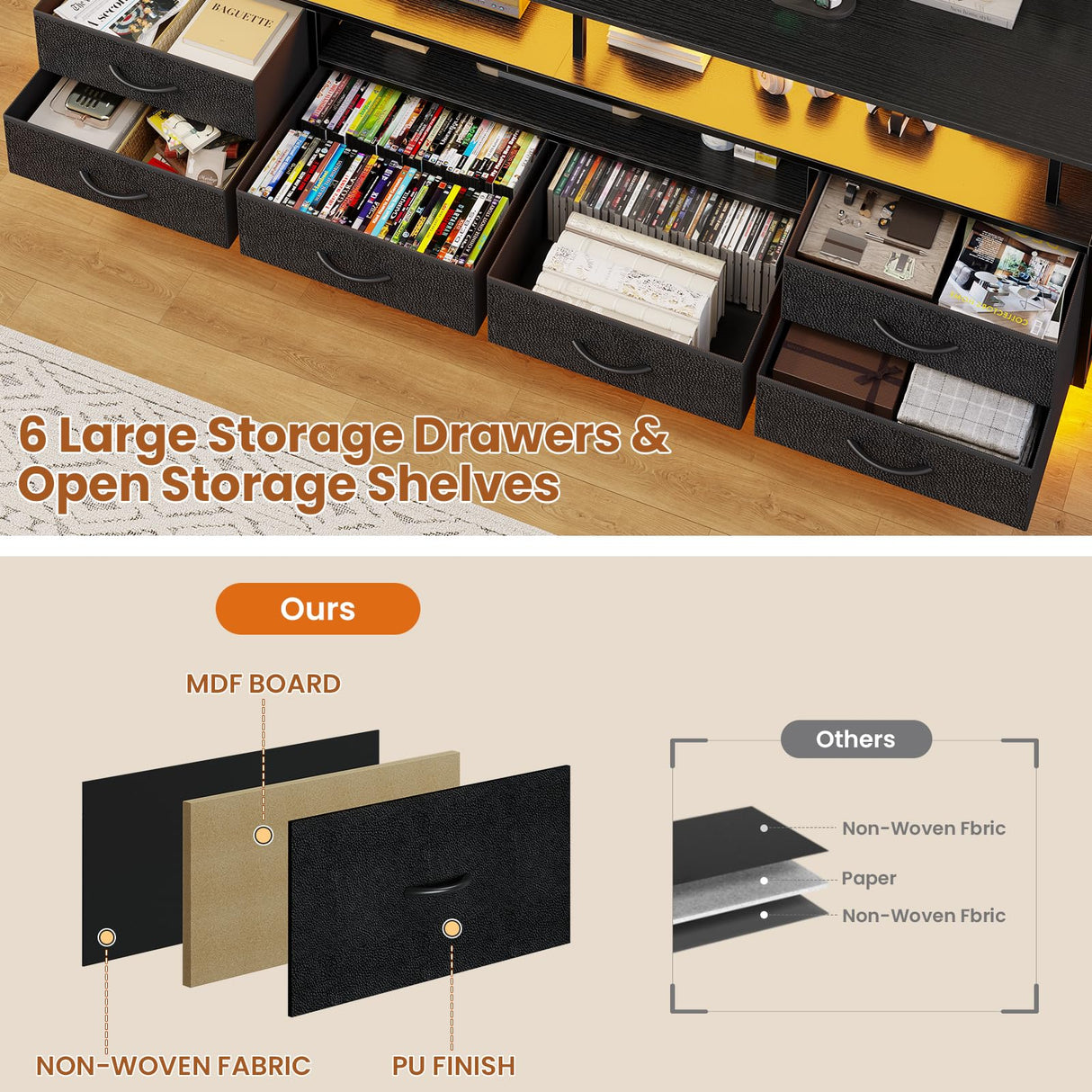 BTHFST TV Stand for 65 70 Inches TV with LED Lights & Power Outlets, Entertainment Center with Open Shelves & 6 PU Fabric Drawers, TV Media Console Table for Living Room, Bedroom, Black BTHFST