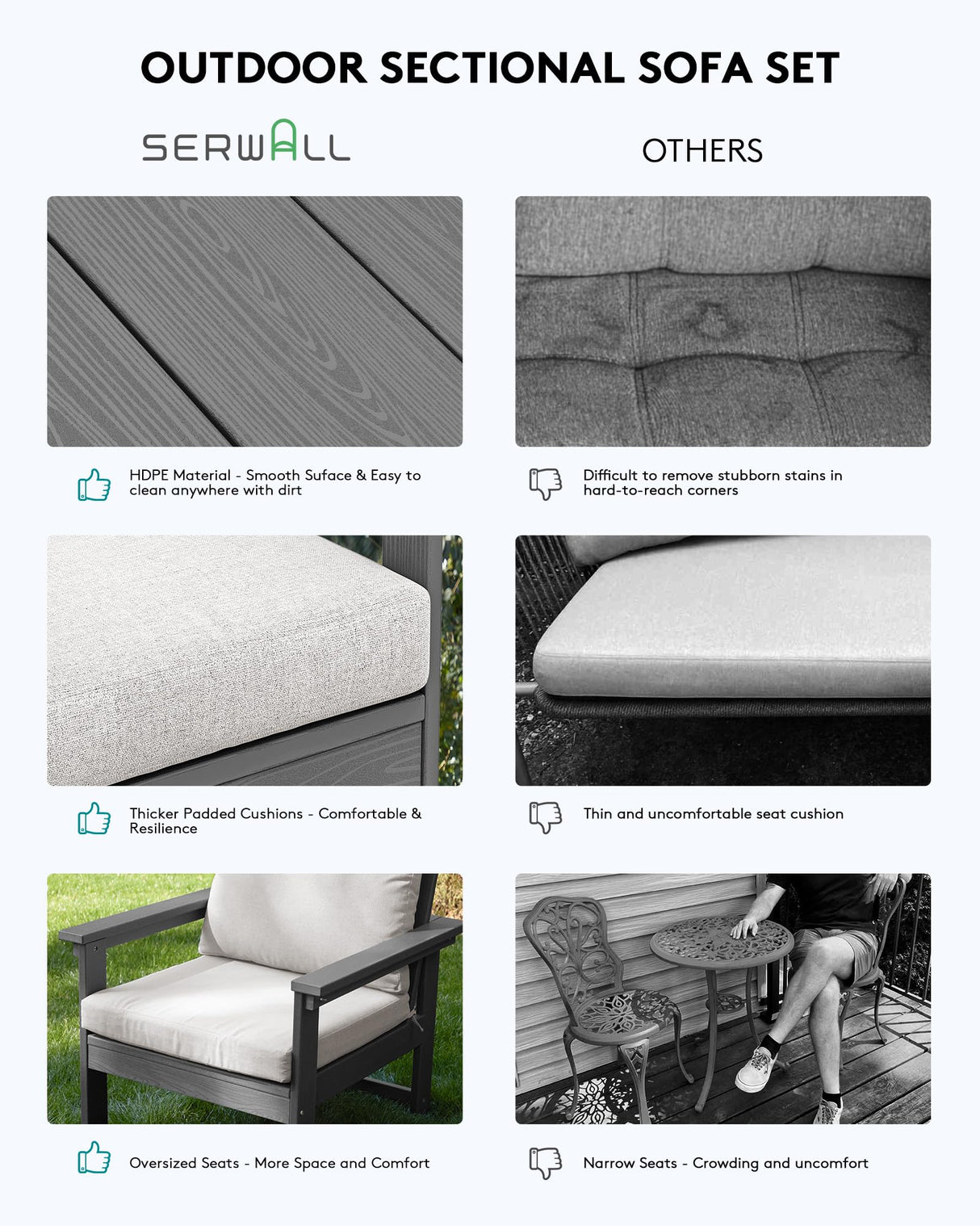 SERWALL HDPE Patio Conversation Set, 6-Piece Sectional Outdoor Furniture Set, All Weather Outdoor Couch Set Patio Furniture Set for Deck, Lawn, Grey Frame with Khaki Cushion SERWALL