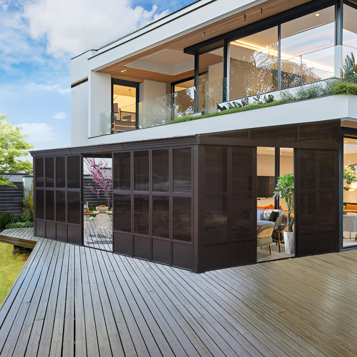 Domi 12x20FT Sunroom,Wall Mounted Gazebo Solarium with Front Door, Both Side Entrance, Galvanized Steel Sloping Roof, Moveable PC Screen, Outdoor Permanent Sun Room Lean to Gazebo for Deck Patio domi outdoor living