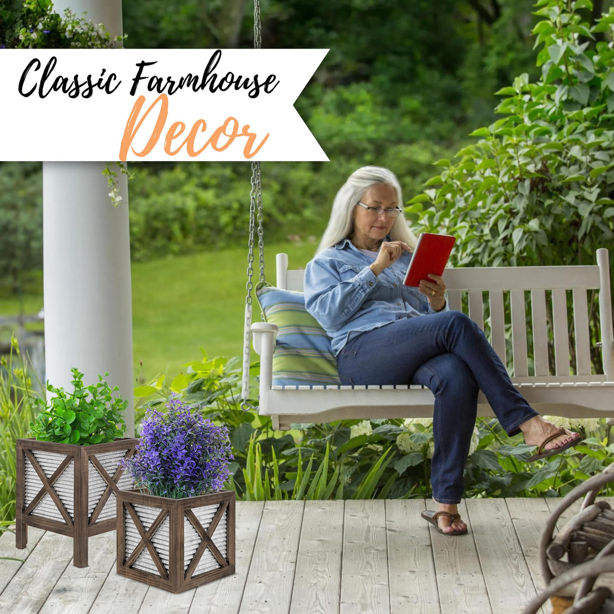 Autumn Alley Farmhouse Front Porch Planters Set of 2 Stand with Galvanized Corrugated Metal Planters for Outdoors/Indoors - Rustic Wood Square Planters Box on Legs – Charming Farmhouse Décor, Brown Autumn Alley