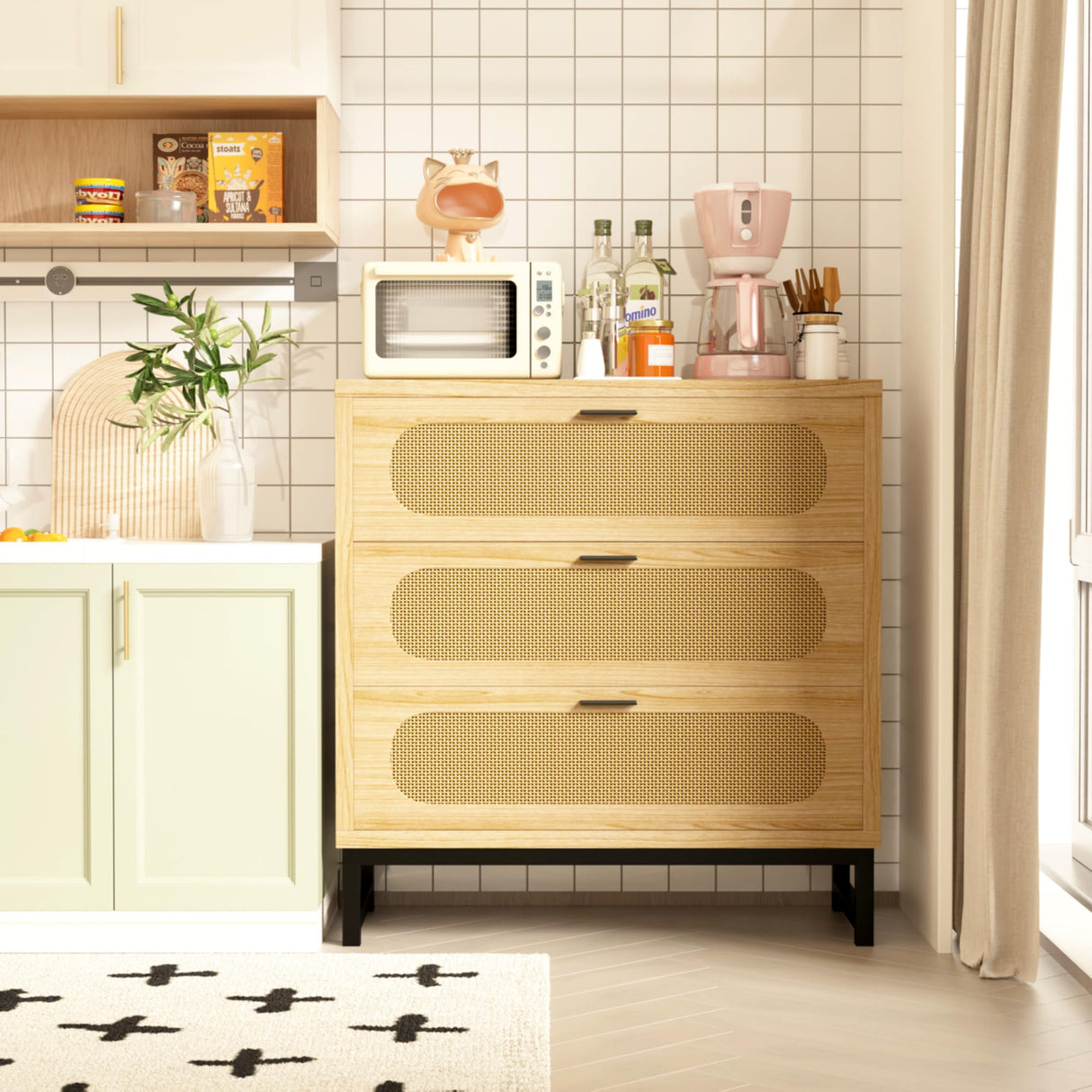 LSKTGA 3 Drawer Dresser for Bedroom, Rattan Dresser Modern Closet Dressers Chest of Drawers, Farmhouse Wood Storage Chest of Drawers for Closet, Living Room and Hallway Closet,Nature LSKTGA