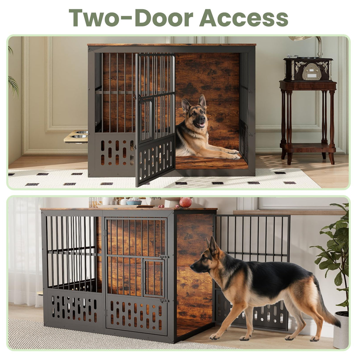 Yafylly 48 Inch XXL Dog Crate Furniture, Wooden Chewproof Dog Kennel with Interactive Window, 360° Adjustable Bowls (5 Heights), Storage Table Top, Heavy Duty XL Dog Crate for Medium Large Dogs, Brown Yafylly