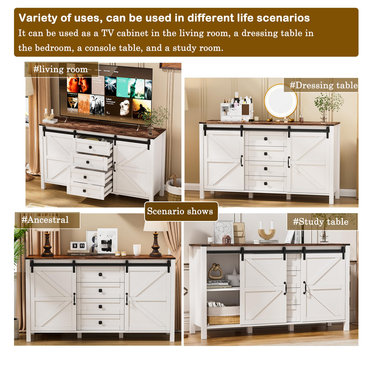 PAKASEPT Farmhouse Dresser Chests for Bedroom, Sliding Barn Doors TV Stand, Tall Wide Wood Country Rustic Chest of Drawers, Wood Storage Dressers for Living Room Hallway Entryway PAKASEPT