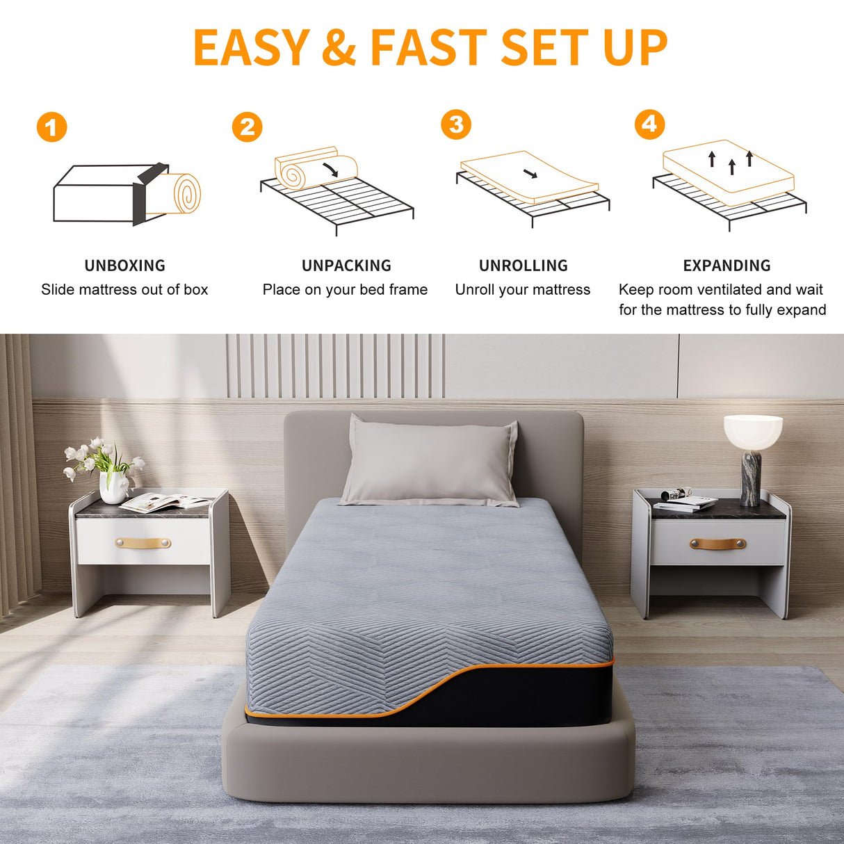 ESHINE Twin XL Mattress 14 Inch, US-Made Cooling Gel Memory Foam, Green Tea Infused for Pressure Relief & Back Pain, CertiPUR-US Certified, Bed in a Box for Space Saving Rooms, Dark Grey ESHINE