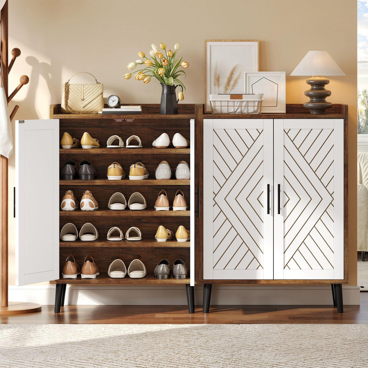 YITAHOME Shoe Cabinet with Doors, 5-Tier Shoe Storage Organizer with Adjustable Shelves, Modern Freestanding Wooden Shoe Rack Cabinet for Entryway, Hallway, Closet, Living Room, Brown & White YITAHOME