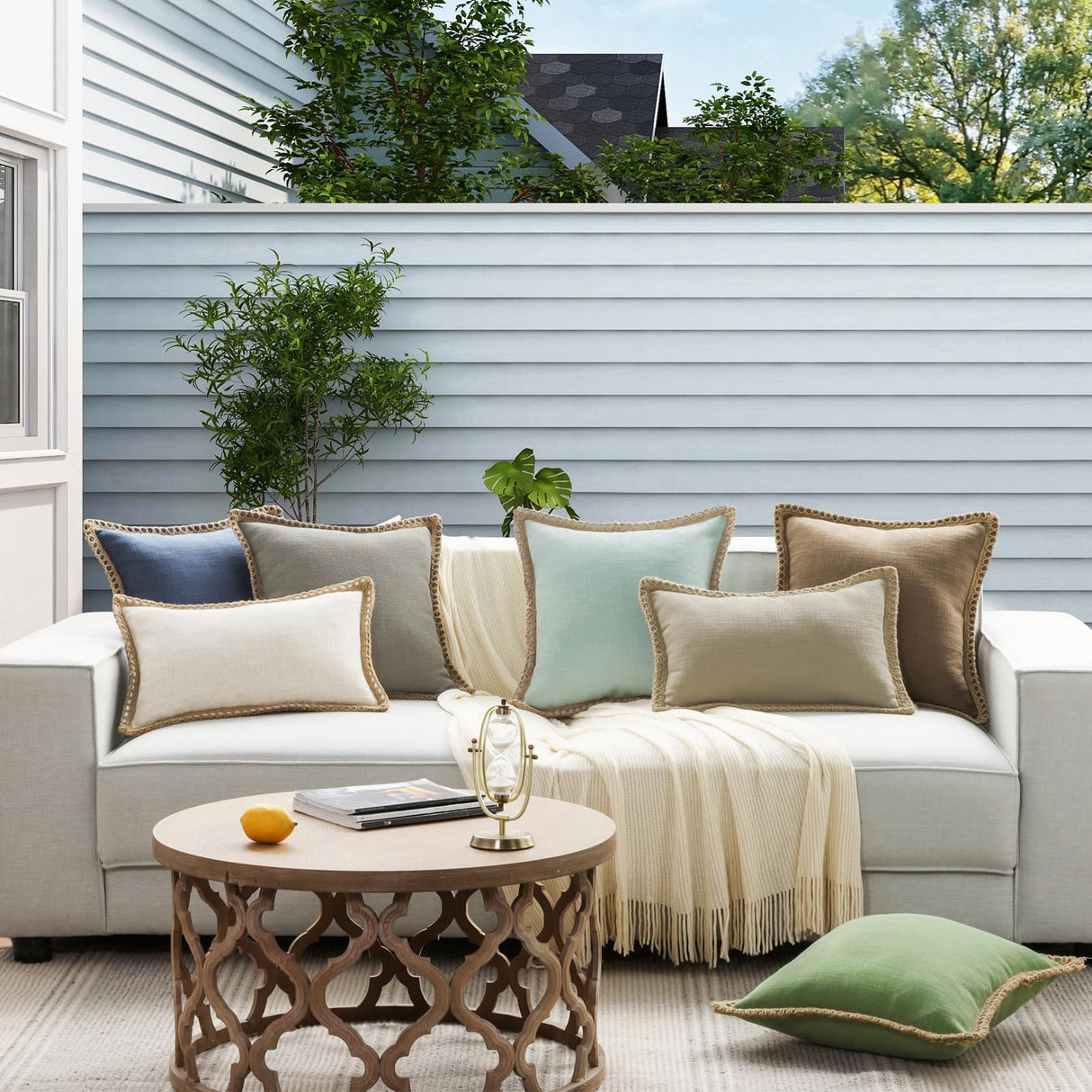 Phantoscope Pack of 2 Farmhouse Modern Spring Decorative Throw Pillow Covers Burlap Linen Trimmed Outdoor Pillows Tailored Edges Off White 18 x 18 inches, 45 x 45 cm Phantoscope