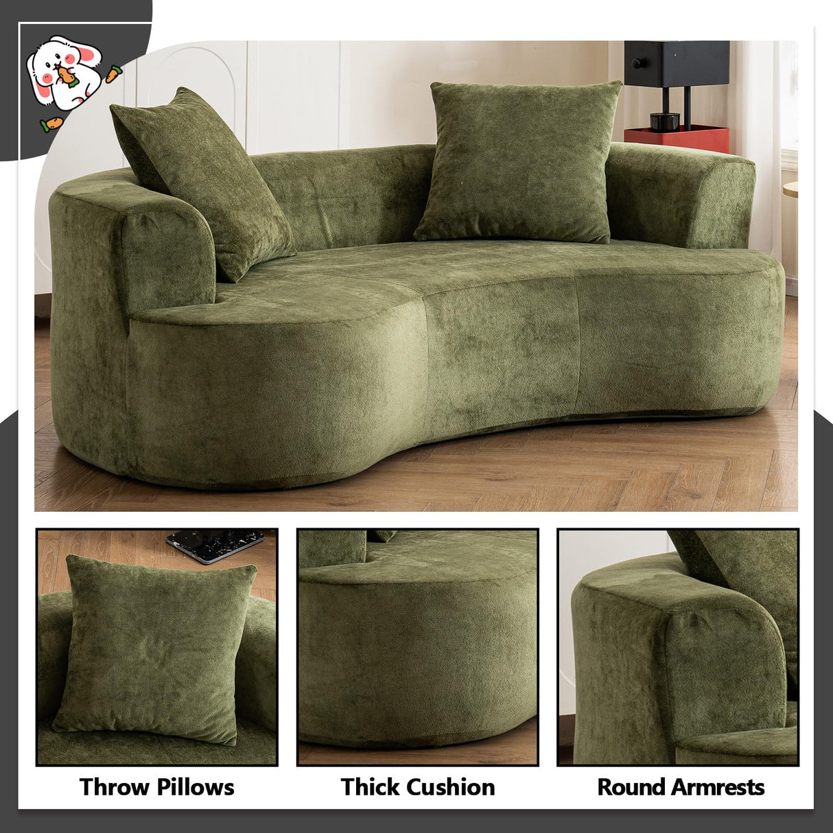 80" Curved Loveseat for Small Spaces, Green Curved Couches for Living room, Compression Sofa in a Box with 2 Pillows, Small Couch for Bedroom with Wide Armrest & Memory Foam, No Assembly Required Thctvous