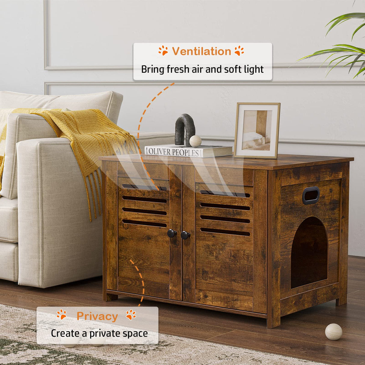 DINZI LVJ Litter Box Enclosure, Cat Litter House with Louvered Doors, Entrance Can Be on Left or Right Side, Spacious Hidden Washroom for Most of Litter Box, Cat Furniture Cabinet, Rustic Brown DINZI LVJ