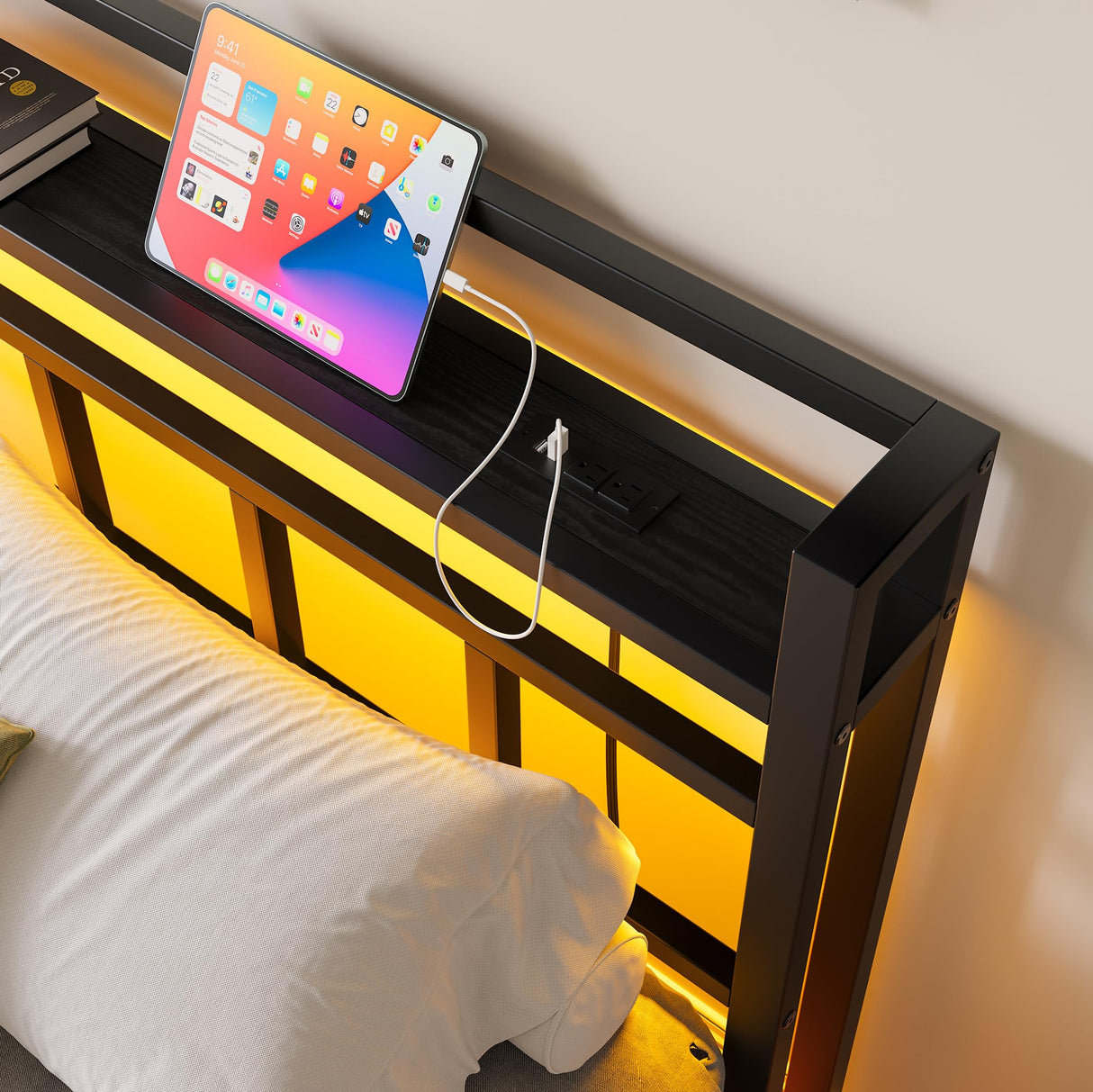 Maliacife Full Size Bed Frame with USB Charging Station, LED Bed with Wood Storage Headboard, Black Metal Platform Bed,Heavy Duty Steel Slats Support,No Box Spring Needed, Noise Free,Easy Assembly Maliacife