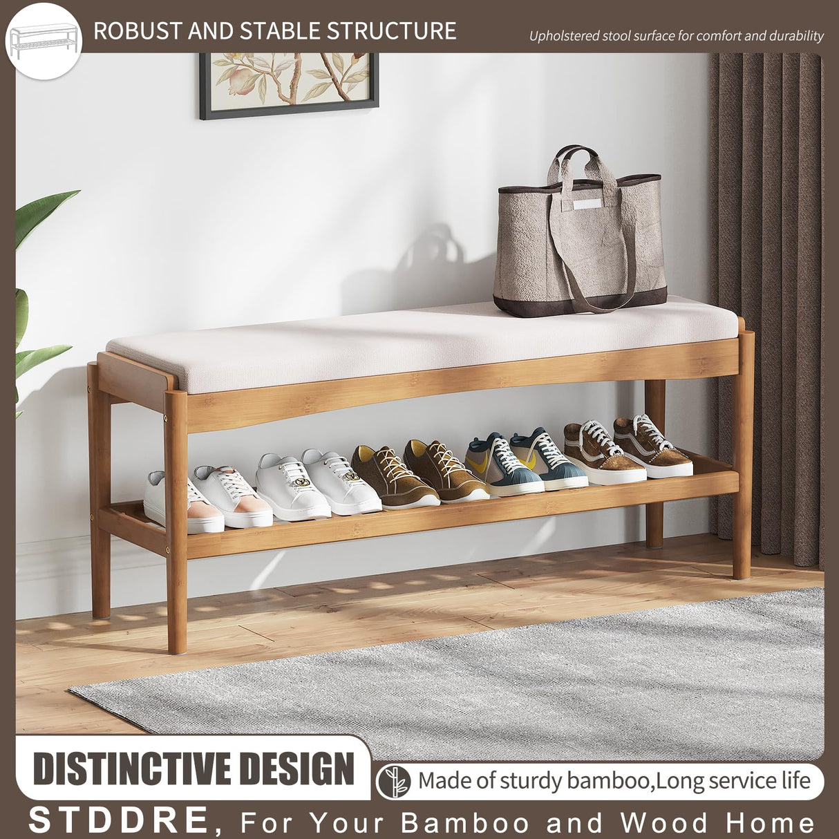 STDDRE Shoe Bench Entryway Bamboo 2-Tier Shoe Rack with Cushion Padded Seat Shoe Bench Organizer Stable for Entry, Hallway, Living Room, Bedroom, Closet (39.4 * 11.4 * 16.5IN, Brown-Beige) STDDRE
