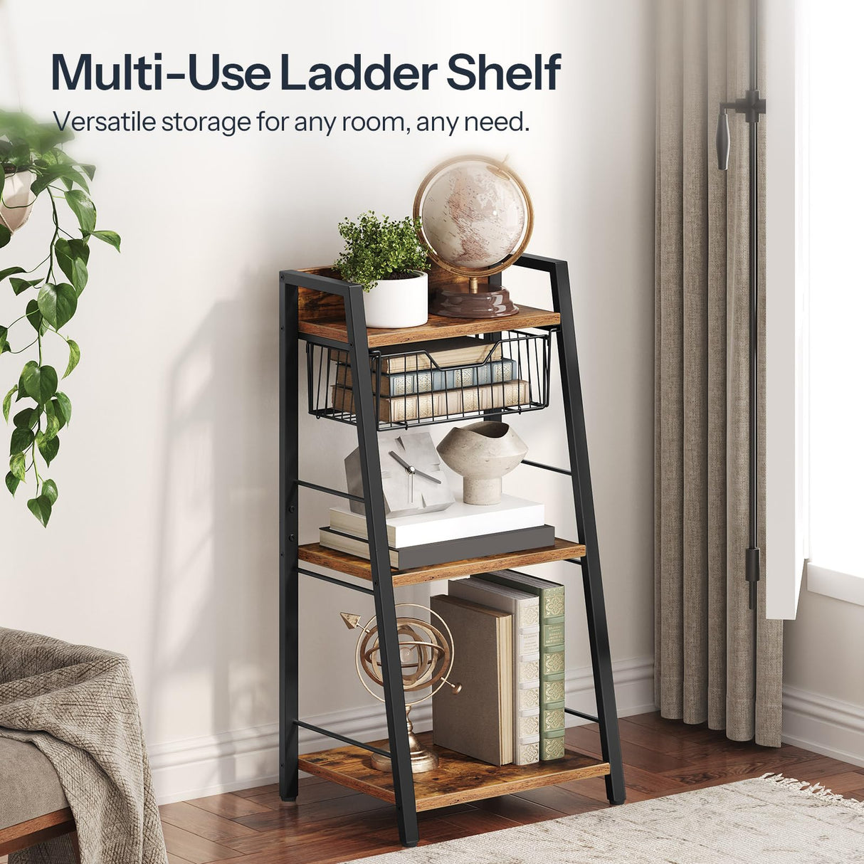 HOOBRO 3-Tier Ladder Shelf, Floor Standing Bookshelf, Storage Shelf with Drawer, Bookcase, Corner Bookshelf, Space Saver, for Bathroom, Living Room, Study, Office, Rustic Brown and Black BF09CJ01 HOOBRO