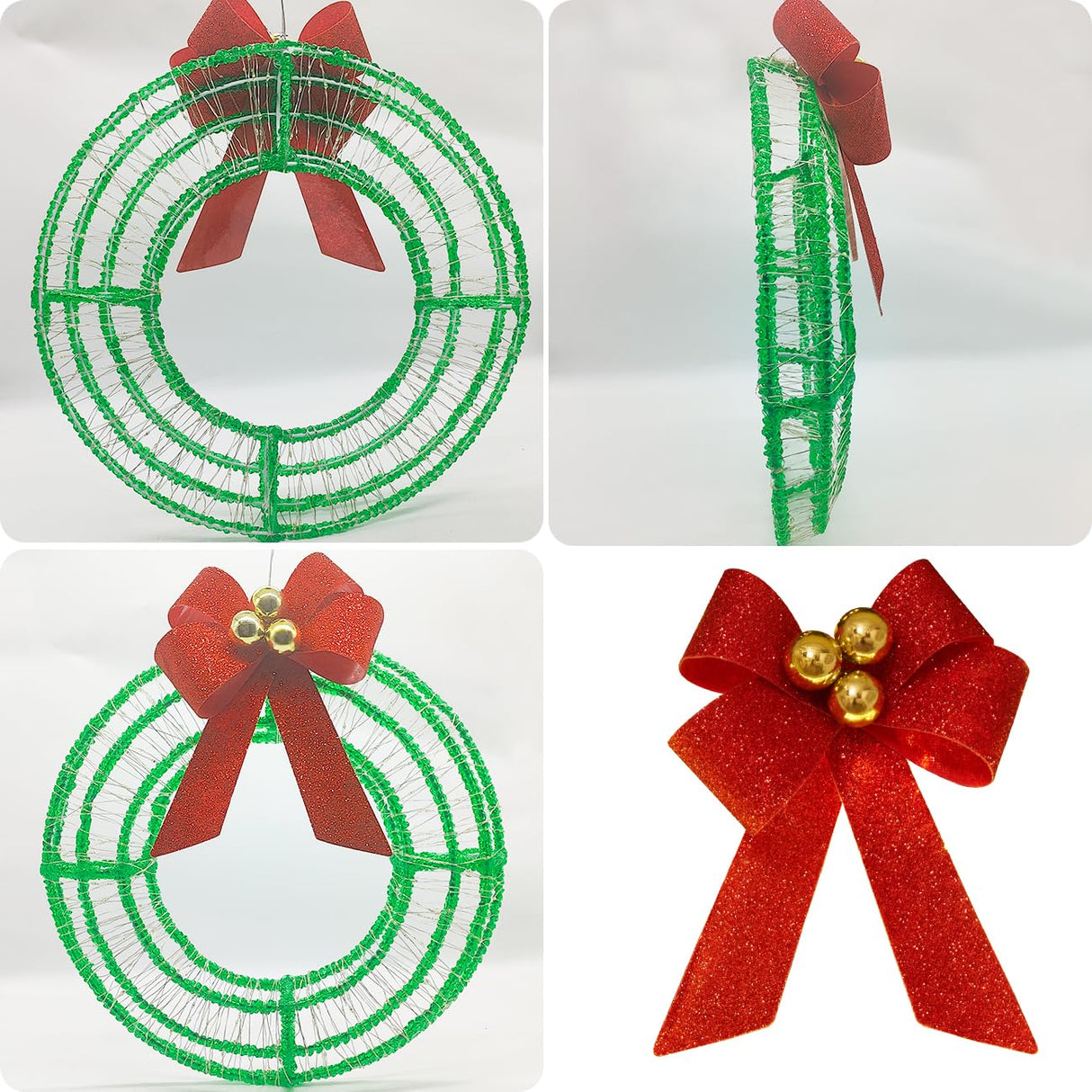 16 Inches Christmas Acrylic Wreath with Twinkle Lights, 320 LED Warm White Fairy Lights,Christmas Lighted Werath Timer/Waterproof with Red Bow for Christmas Party Wall Decoration IJG