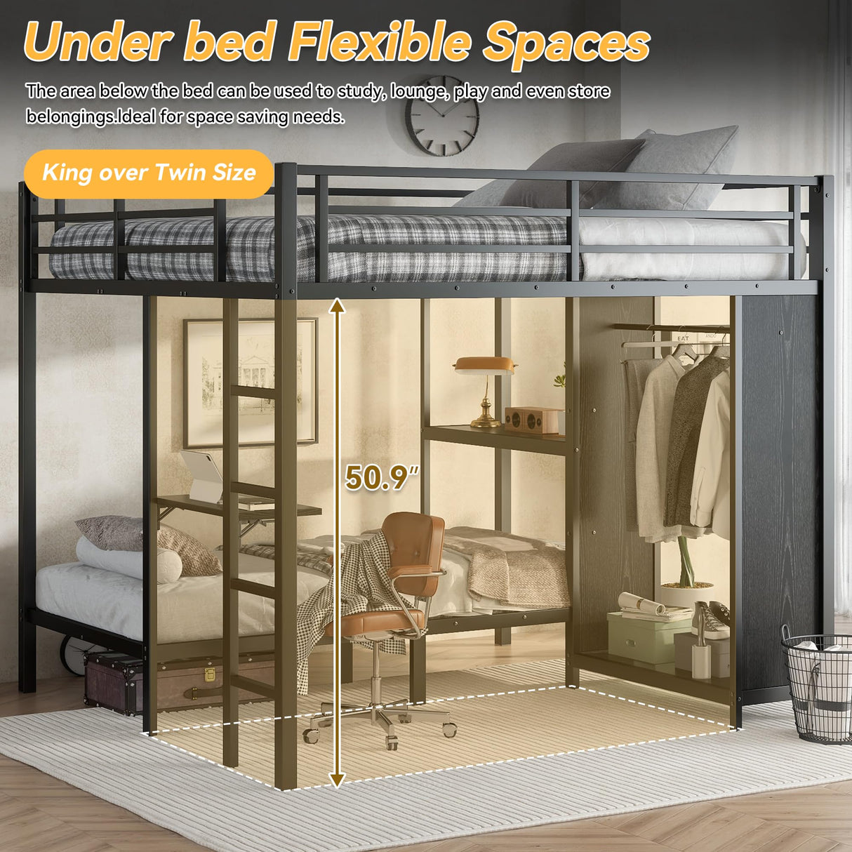 KT Rolster Bunk Bed Frame with Built-in Wardrobe King Over Twin XL Size, Metal Loft Bed with Foldable Desk and Storage Shelf, Black Bunk Beds King Size for Adults Teen Kids, No Box Spring Needed KT Rolster