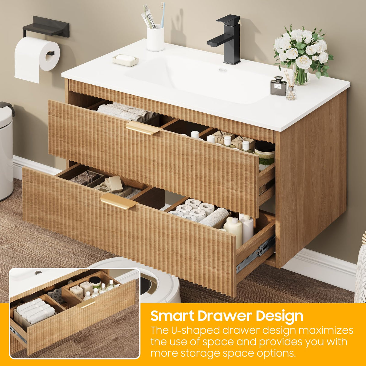 Vabches 30 Inch Bathroom Vanity with Sink, Floating Bathroom Vanity with 2 Storage Darwers, Wood Grain Wall Mounted Vanity with Storage, Bathroom Floating Vanity with Sink, Faucet, Drain Vabches