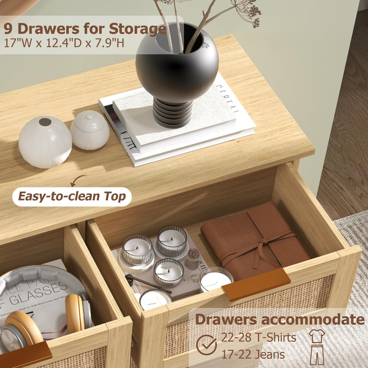 LTMEUTY 9 Drawer Dresser for Bedroom, Rattan Chest of Drawers, Modern Wood Dresser Chest with Golden Handles, 55” Wide Large Storage Long Dressers Organizer for Closet, Entryway, Living Room LTMEUTY