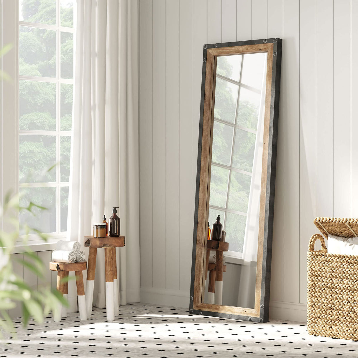 Barnyard Designs 16x48 Leaner Floor Mirror Full Length, Large Rustic Wall Mirror, Free Standing Leaning Hanging Wood and Metal Mirror Full Size, Farmhouse Long Mirror Bedroom Living Room, Brown Barnyard Designs