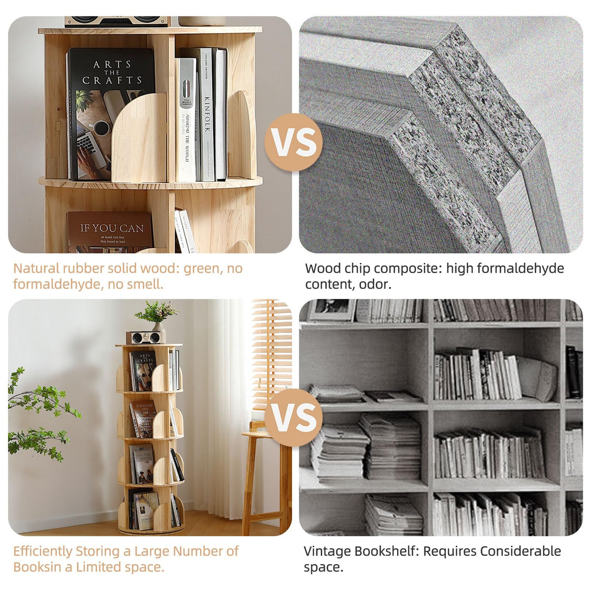 Buzleer 4-Tier Rotating Bookshelf Tower – Space-Saving Solid Wood Book Organizer for Small Spaces Buzleer