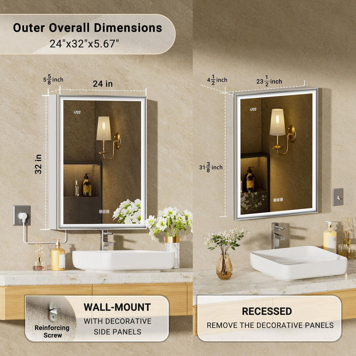 QueenFun 24x32 Lighted Medicine Cabinet with Mirror, Beveled Brushed Nickel Framed Surface or Recessed Fogless Dimmable LED Medicine Cabinet with Outlet, Time Display and Sensor Inner Light QueenFun