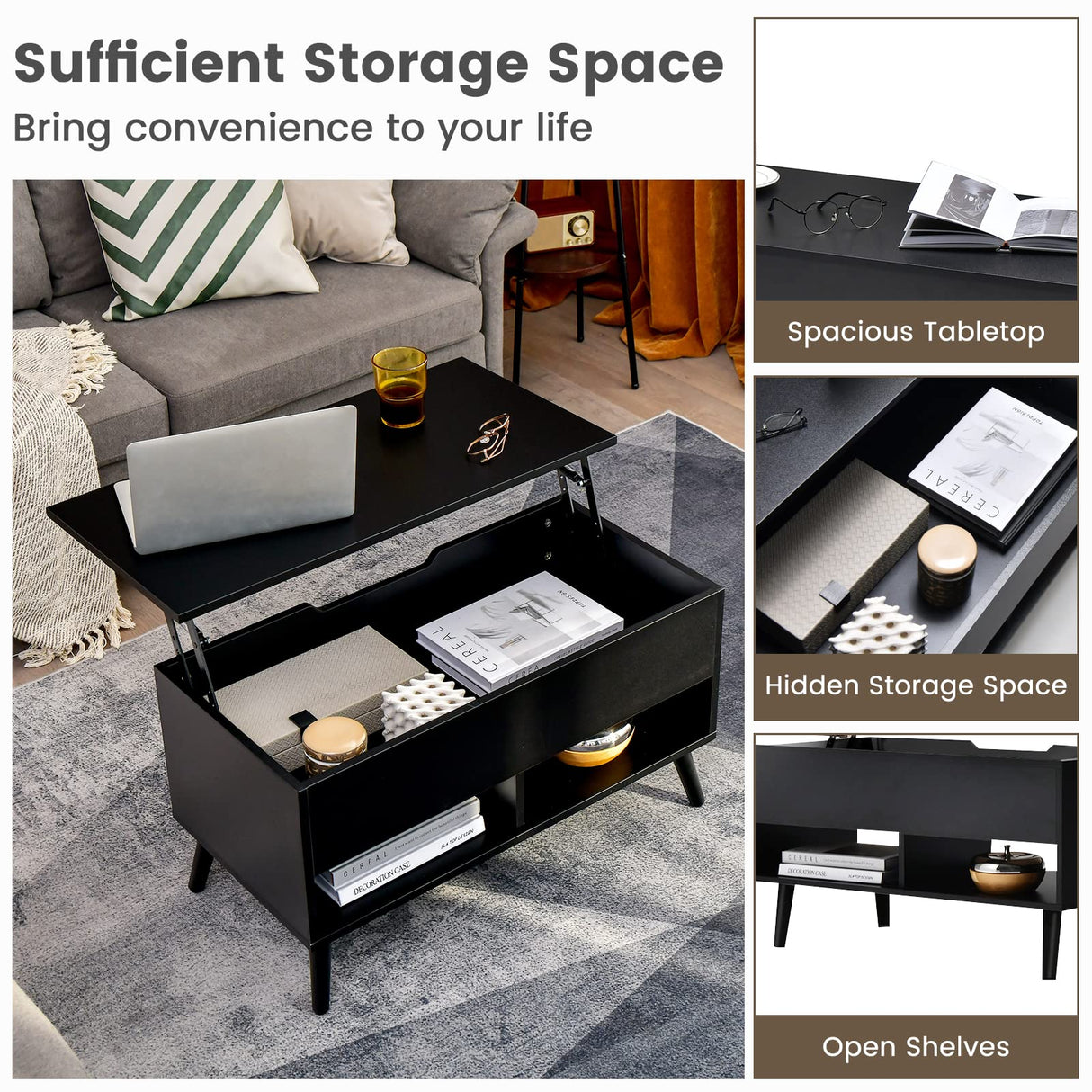 Giantex Lift Top Coffee Table, Modern Cocktail Table w/Hidden Compartment & 2 Open Shelves, Flip Top Center Table, Wooden Pull up Coffee Table for Living Room, Reception Room, Office (Black) Giantex