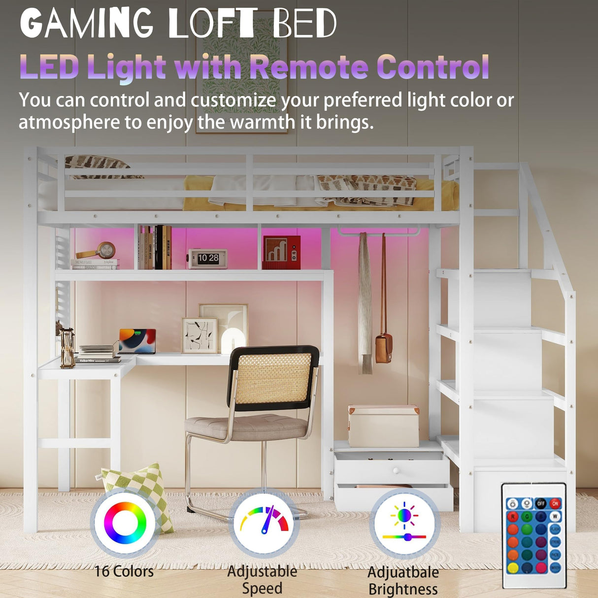 MoproBeti Full Size Loft Bed with Desk and Stairs,Metal Gaming Loft Bed with LED,Charging Station, High Loft Bed Full with Storage Shelves,Wardrobe and Drawers for Kids Teens, Adults, White MoproBeti