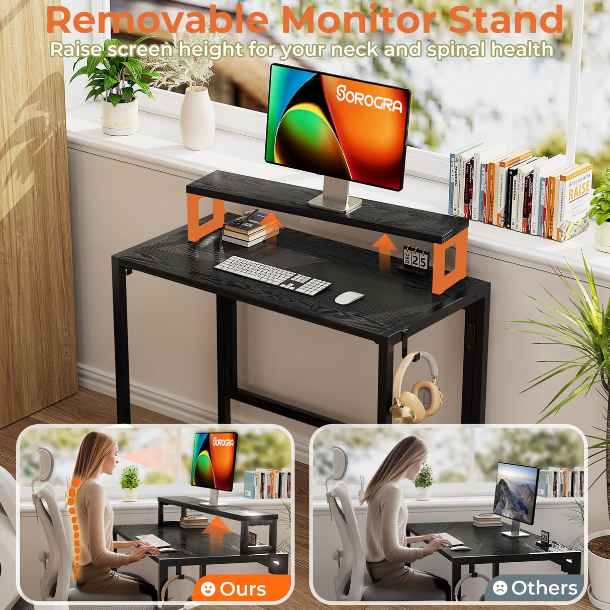 SOROGRA Small Folding Desk 31.5 Inch, Foldable Computer Desks with LED Lights and Monitor Stand, Work Portable Table for Bedroom Home Office, Black SOROGRA