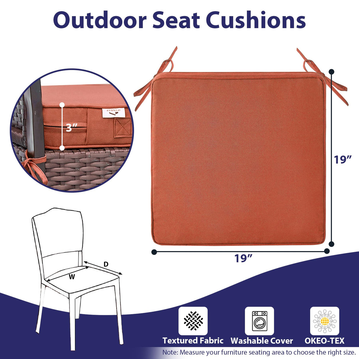 IPYNBAP Outdoor Chair Cushions Set of 4,Waterproof Outdoor Seat Cushions for Patio Furniture,Patio Chair Cushions with Handle and Ties, Square Corner Outdoor Chair Pads, 19" x 19" x 3", Spice IPYNBAP