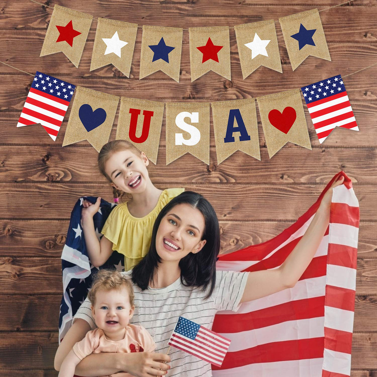 USA Banner Burlap 4th of July Decorations Rustic Patriotic Banner Red White Blue Stars Bunting Garland for President Day 4th of July Party Supplies 4th of July Patriotic Outdoor Indoor hanging Decor Partyprops
