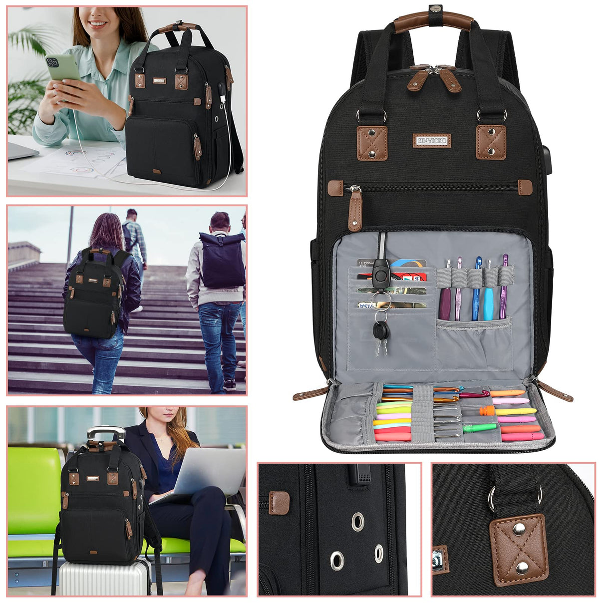 Crochet Bag Backpack,Knitting Bag Backpack and Totes Organizer with USB Charging Port, Large Yarn Storage Tote Bag Yarn Holder Case for Knitting Needles, Crochet Hooks,fits 15.6 inch Laptop,Black SINVICKO