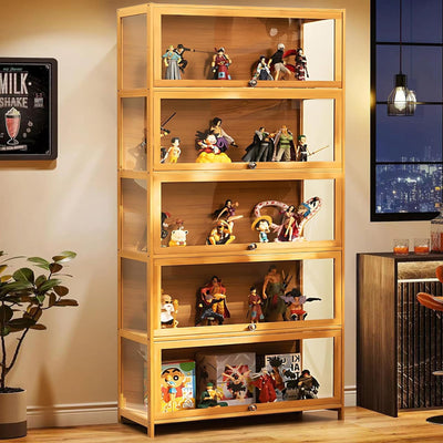 idhhco 5 Tier Curio Display Cabinet, Storage Cabinet with Acrylic Glass Door, Collectibles Toy Organizers Rack & Display Shelf, Kids Bookcase for Bedroom, Reading Nook, Toddler's Room, Bamboo