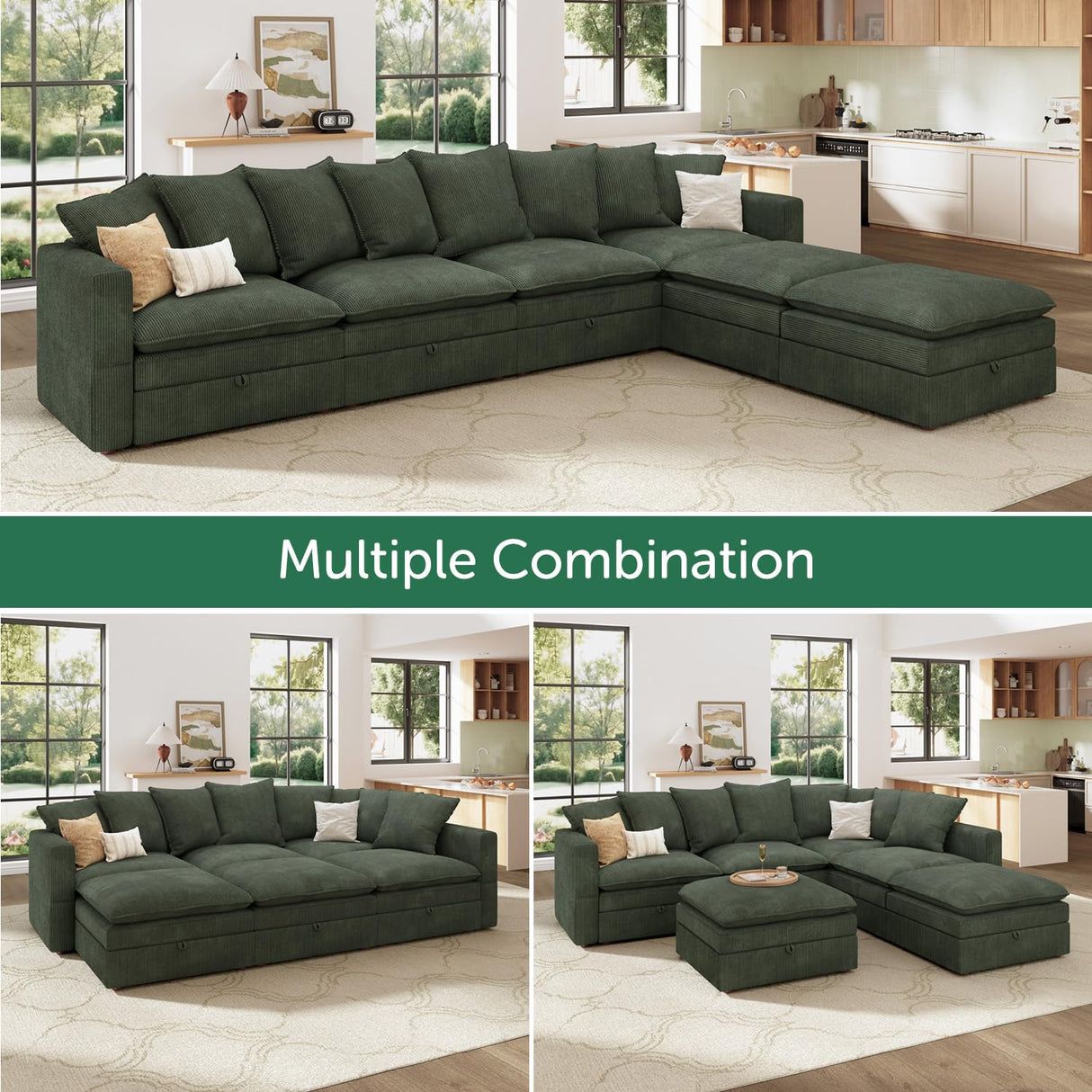 HONBAY Modular Sectional Sofa, Corduroy Sectional Couches for Living Room, U Shaped Couch with Storage, Green HONBAY
