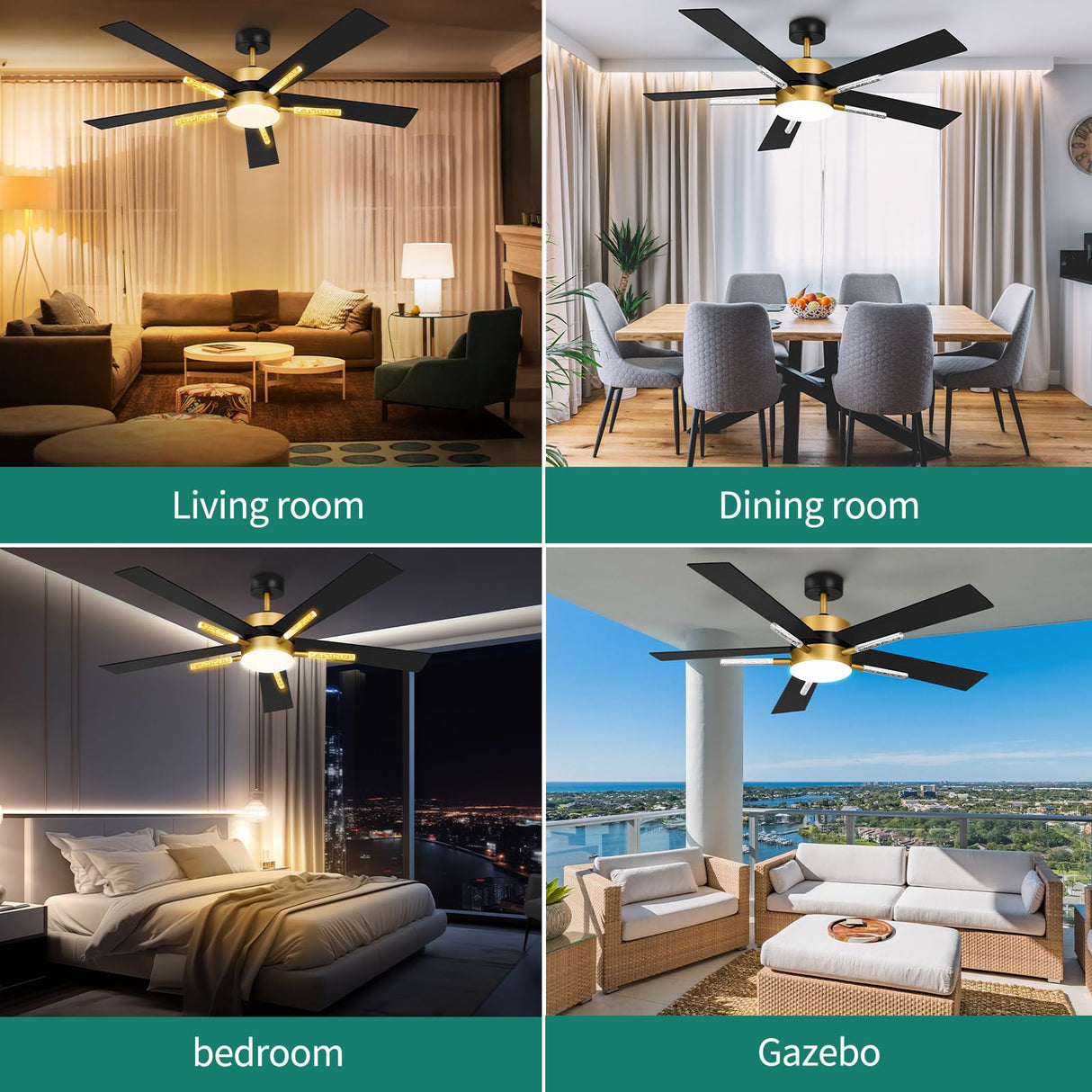 YITAHOME 60 Inch Ceiling Fan with Light and Remote, 5 Blades with Crystal Rod Design, Modern Chandelier Ceiling Fan with Reversible Quiet Motor, Indoor Ceiling Fan with 3 LED Colors, Black&Gold YITAHOME