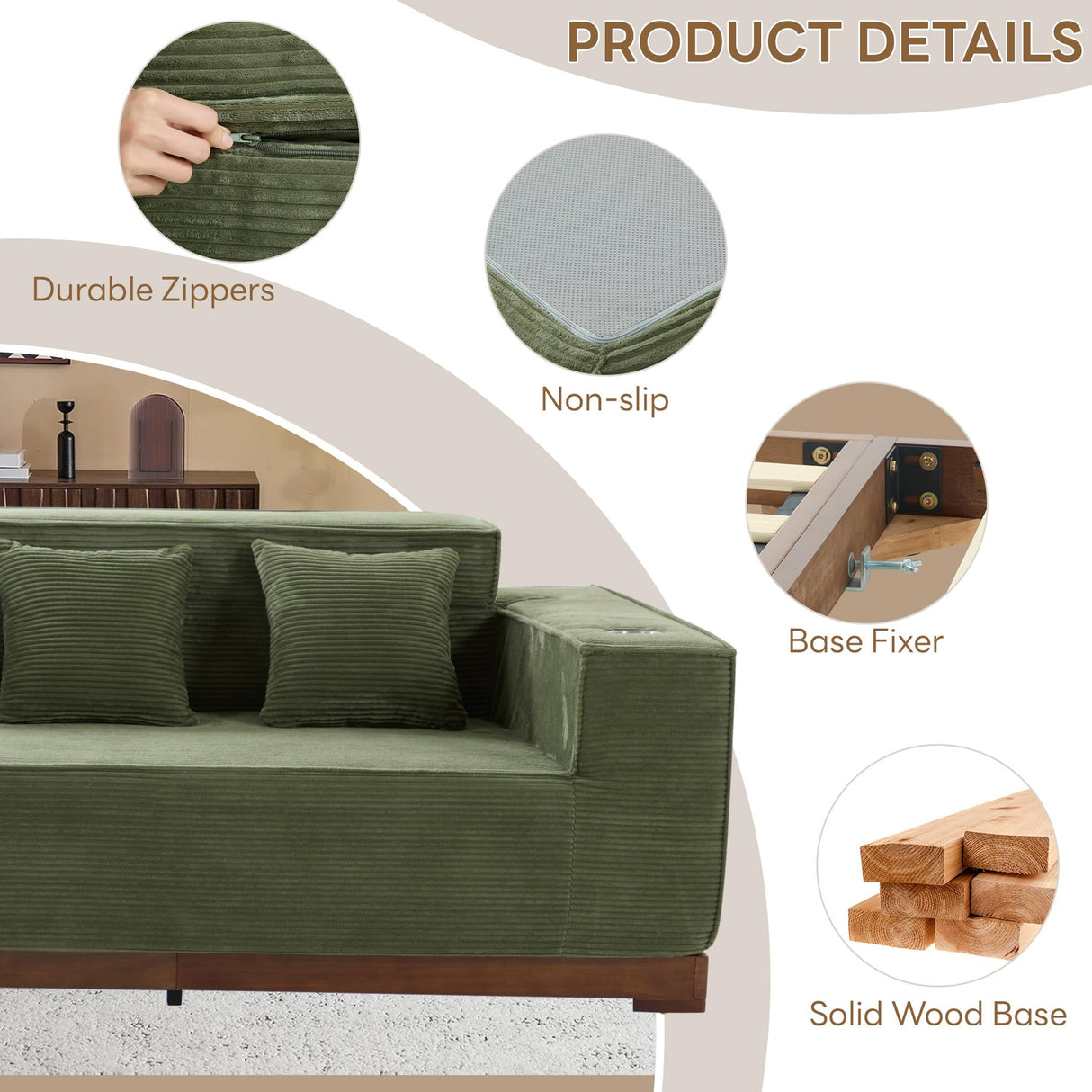 LIKIMIO 110” L-Shaped Sofa with LED Lights, Cloud Boneless Couch with Oversized Chaise, Deep Seat, Built-in Holder & Storage Pocket, Upholstered Couches for Living Room and Apartment, Green LIKIMIO