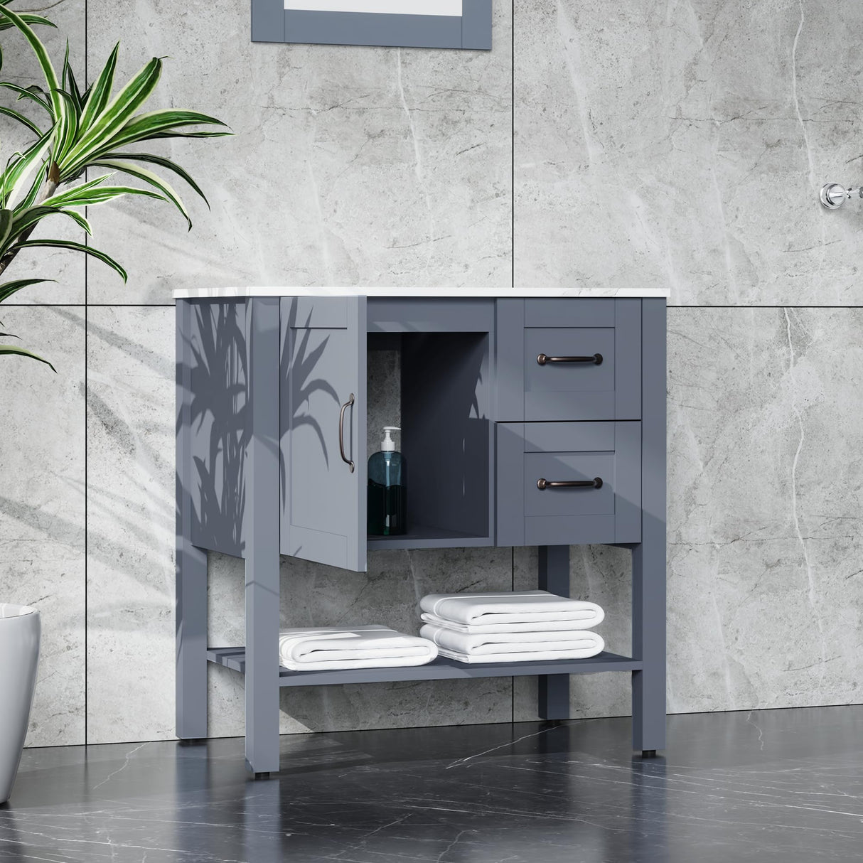 Homecart 30" Bathroom Vanity Cabinet Modern Freestanding Cabinet with Marble Pattern Countertop, Grey, Basin not Included Homecart