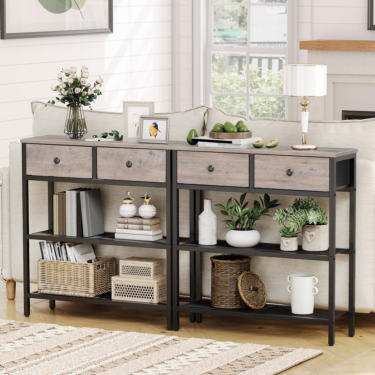 HOOBRO 29.5" Narrow Console Table with 2 Fabric Drawers, Small Entryway Table with 3-Tier Storage Shelves, Thin Sofa Table, Side Table, for Living Room, Hallway, Greige and Black BG72XG01 HOOBRO
