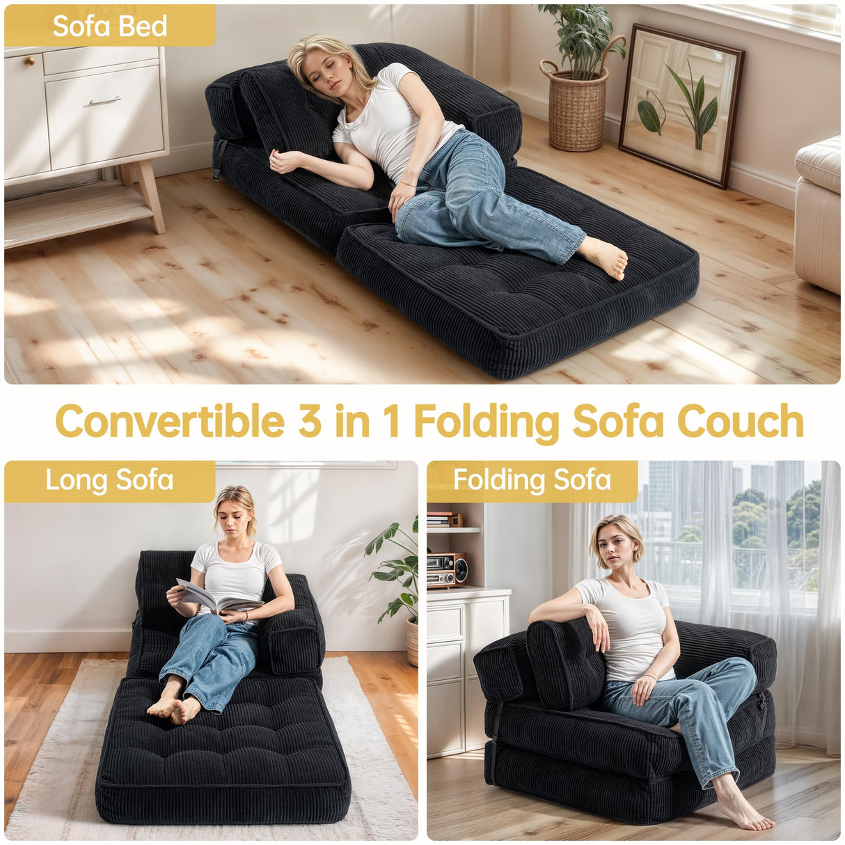 Airynee Convertible Folding Sofa Bed, L- Shaped Sleeper Chair Bed with Armrest and Pillow, Fold Out Sleeper Sofa, Comfortable Floor Couch for Small Spaces/Living Room/Bedroom, Single, Black Airynee