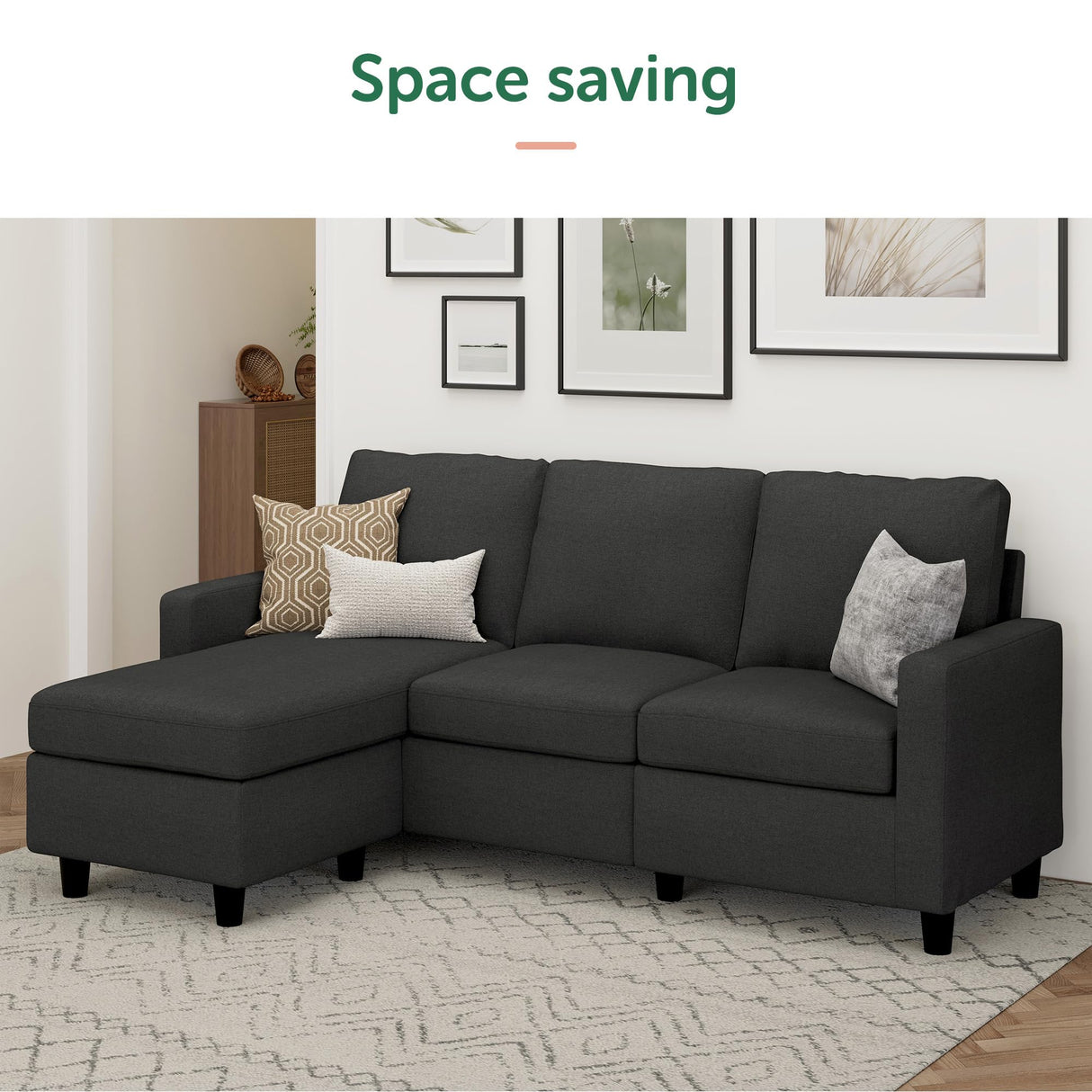 HONBAY Convertible Sectional Sofa, L Shaped Couch with Reversible Chaise for Small Space, Black HONBAY
