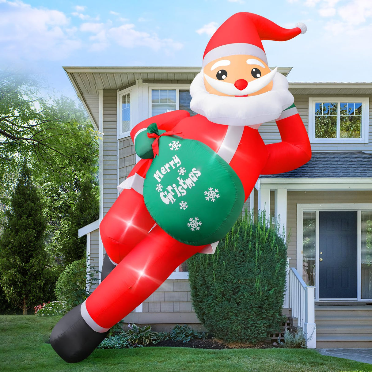 12 FT Giant Christmas Inflatables Santa Claus Outdoor Decorations, Huge Blow up Lying Santa Claus with Gift Bag Yard Decor, Built-in Brilliant LED Lights for Yard Lawn Garden Holiday Party FunFanso