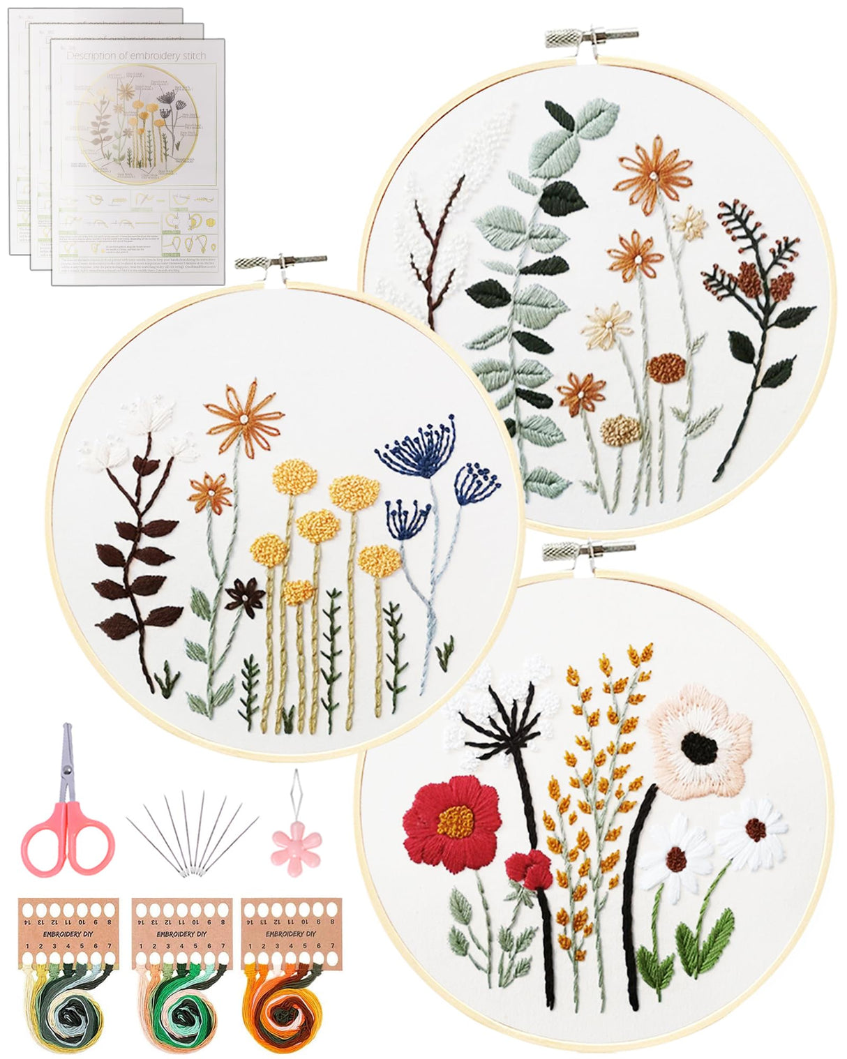 Santune 3 Sets Embroidery Kit,Cross Stitch Kits for Beginners,Needlepoint Kits for Adults with Easy Floral Pattern Hand Crafts,Hoop,Needle,Mothers Day Gifts Santune