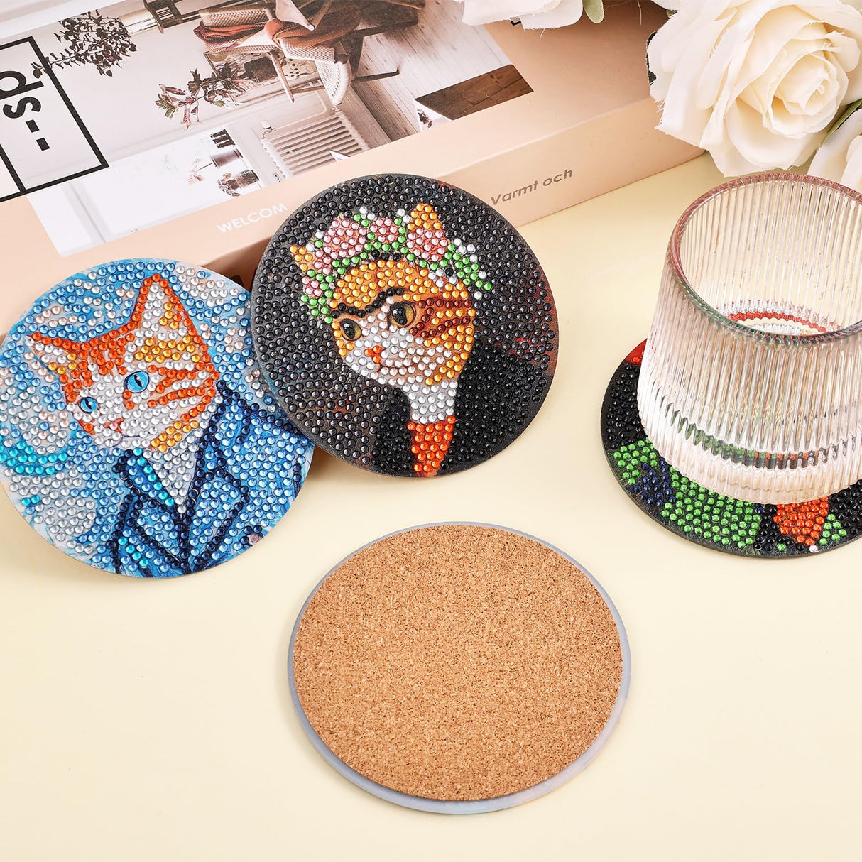 Whimsical Cat Masterpieces Diamond Art Painting Coasters Kits for Adult, 8Pcs DIY Crafts Non Slip Coaster Pads with Holder, Featuring Famous Art with Cats, Vibrant Resin Gems, Heat Resistant Drink Mat VYRANA