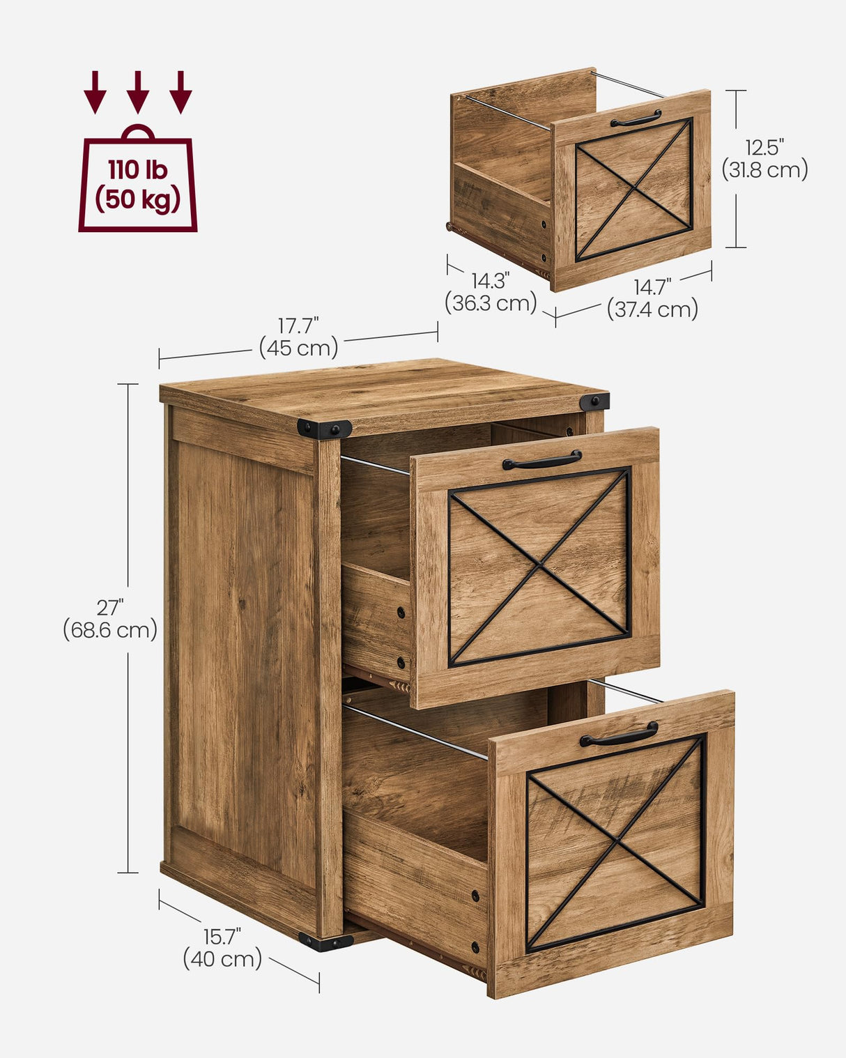 VASAGLE File Cabinet, Filing Cabinet with 2 File Drawers, Printer Stand, Fit A4, Letter Size, Hanging File Folders, Modern Farmhouse Style, for Home Office, Study, Rustic Walnut UOFC048T41 VASAGLE