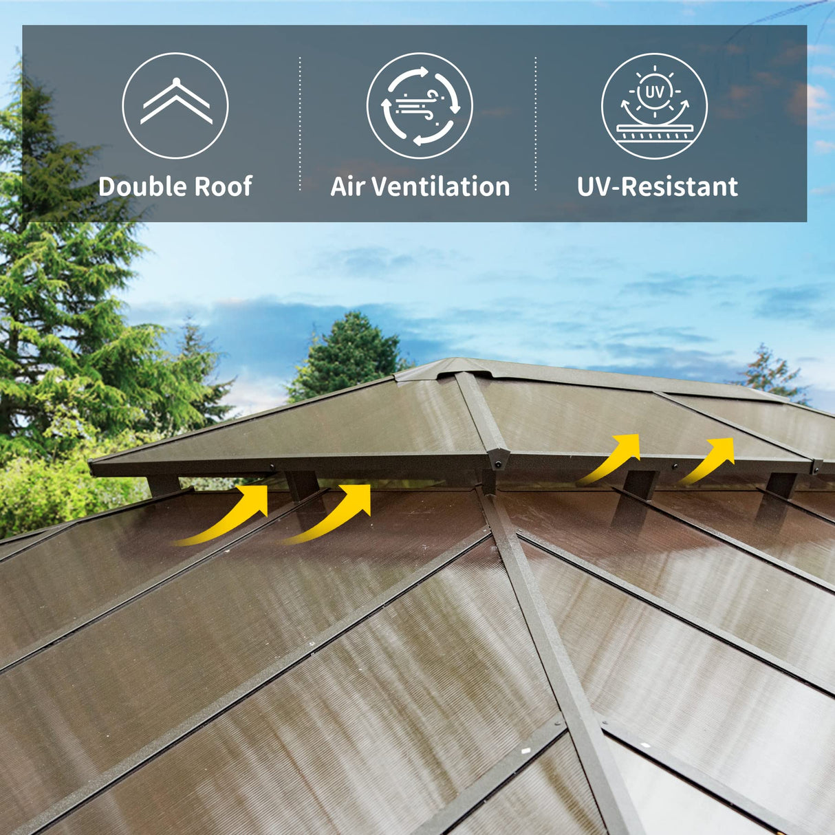 Domi 12' X 16' Hardtop Gazebo, Permanent Outdoor Gazebo with Polycarbonate Double Roof, Aluminum Gazebo Pavilion with Curtain and Net for Garden, Patio, Lawns, Deck, Backyard domi outdoor living