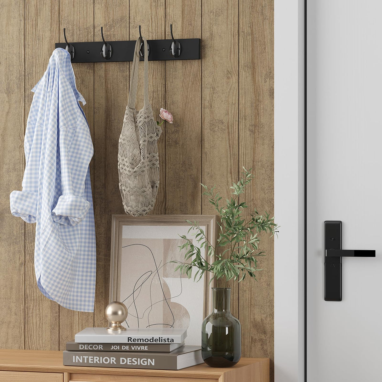 VERTORGAN Coat Hooks Wall Mounted, Wooden Hat Rack with 4 Hooks for Entryway, Bathroom,Bedroom(Black) VERTORGAN