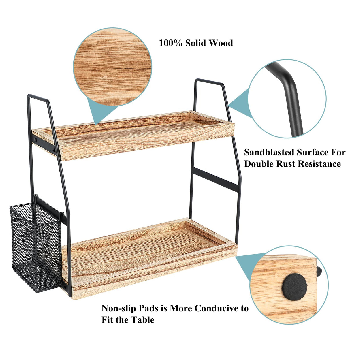 Bathroom Counter Organizer, 2-Tier Standing Storage Shelf with Basket, Wood Tray for Skincare Vanity Organizer Uneviesyka
