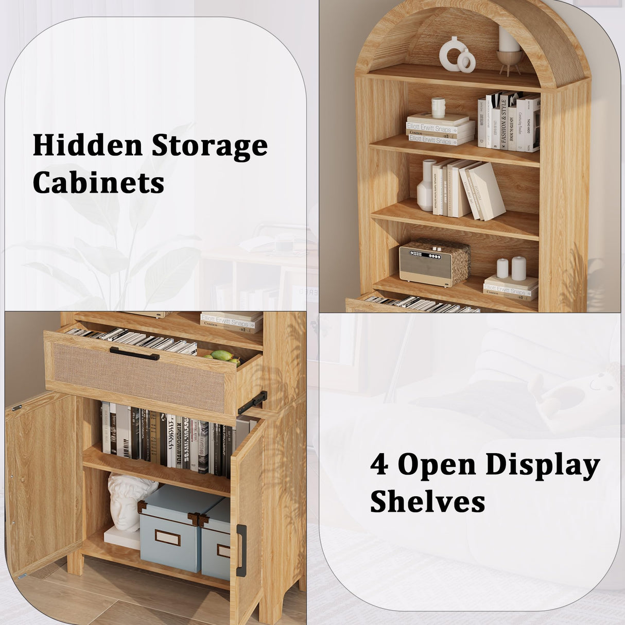 79" Tall Arched Bookcase with Storage, Mid Century Modern 6-Tier Cabinet with Door and Drawer, Arched Bookshelf with Open Display Shelf for Office Living Room (Natural, 79inch-Doors) Janmer Home