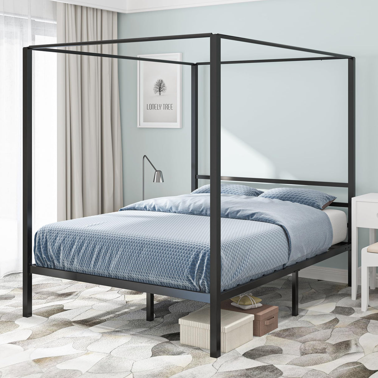 YITAHOME Canopy Bed Frame Metal Four Posters 14 Inch Platform with Built-in Headboard Strong Metal Slat Mattress Support, No Box Spring Needed, Black, Queen Size YITAHOME