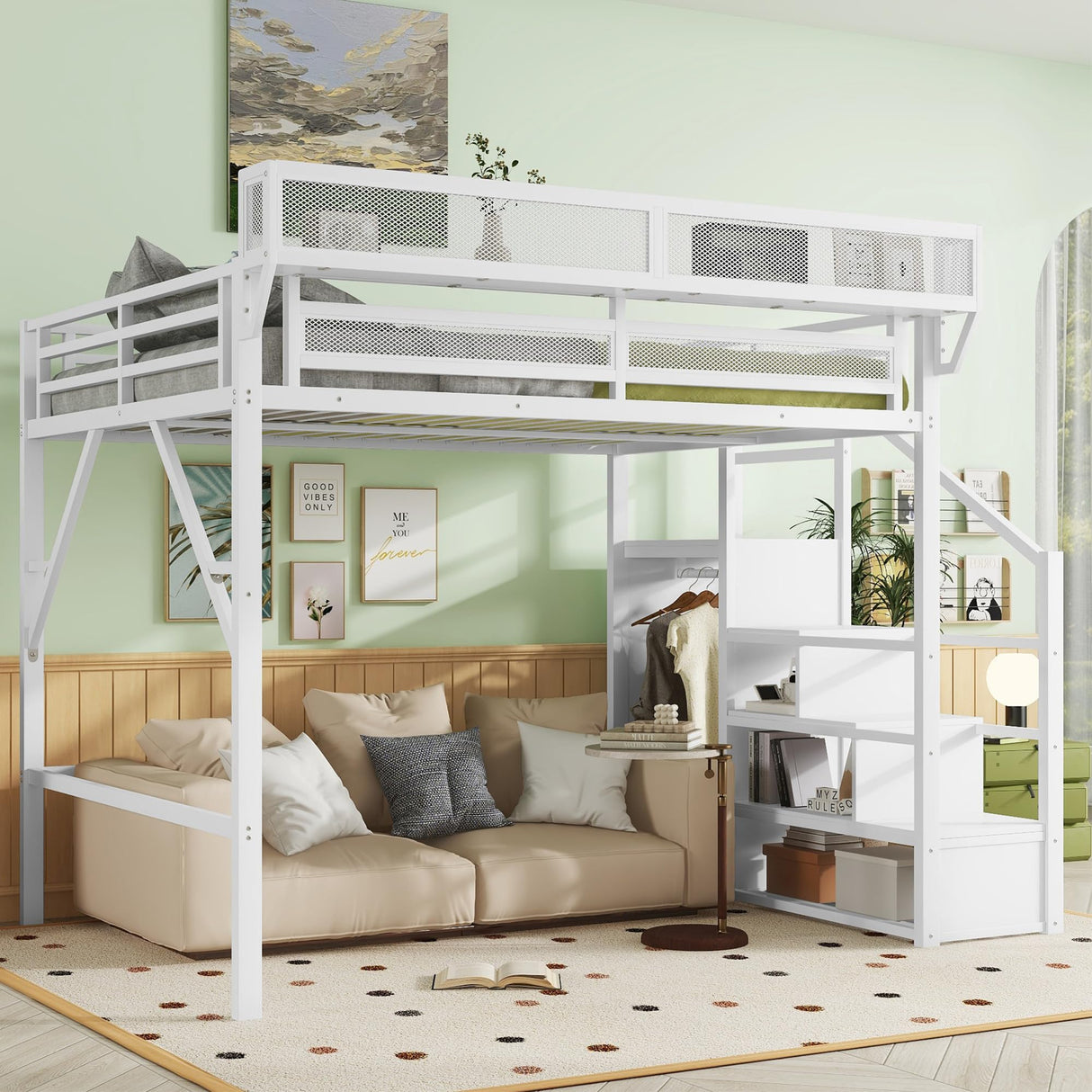MoproBeti Queen Size Loft Bed with Stairs, Heavy Duty Metal Loft Beds Frame with Storage Shelf & Wardrobe, Tall LoftBed with Under-Bed Space for Adult Teens Junior,Space Saving Design,White MoproBeti