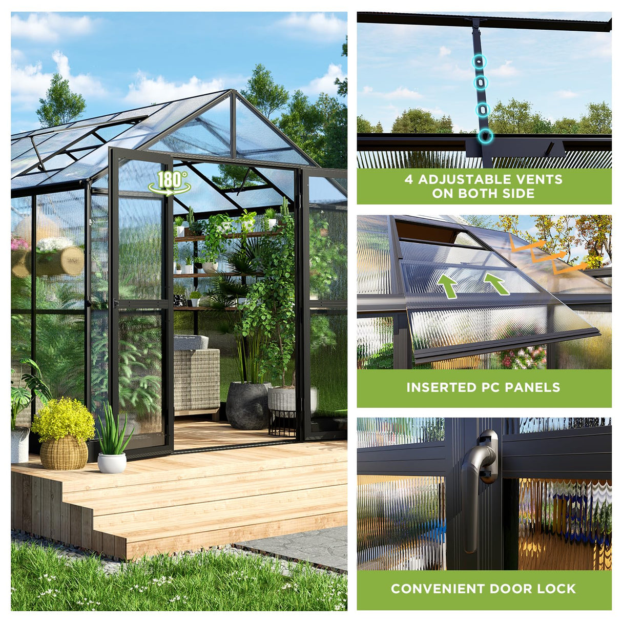 HOWE 8x12x7.5 FT Polycarbonate Greenhouse Double Swing Doors 4 Vents 5.2FT Added Wall Height, Walk-in Large Aluminum Greenhouse Sunroom Winter Greenhouse for Outdoors, Black HOWE